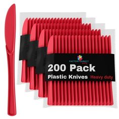 red plastic knives and fork are on the packaging for each pack, which contains 200 pieces