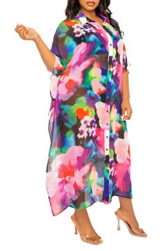 Move from beach to cocktails in this drapey maxi cover-up emboldened in a vivid print. Front button closure Spread collar Elbow-length sleeves 100% polyester Hand wash, line dry Imported Summer Multicolor Print Long Sleeve Kaftan, Summer Long Sleeve Multicolor Print Kaftan, Multicolor Long Sleeve Cover-up For Beach Party, Long Multicolor Beach Dress For Spring, Summer Multicolor Print Long Maxi Dress, Vibrant Short Sleeve Beach Maxi Dress, Colorful Short Sleeve Maxi Dress For Beach, Tropical Multicolor Maxi-length Cover-up, Tropical Multicolor Maxi Length Cover-up