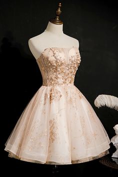 Prom Dress Puffy, Champagne Homecoming Dress, Champagne Homecoming Dresses, Strapless Homecoming Dresses, Dama Dresses, Professional Dress, Lace Party Dresses, Lace Strapless, Short Homecoming Dress