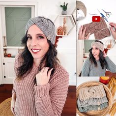 a woman wearing a knitted hat and scarf next to some knitting supplies on the floor