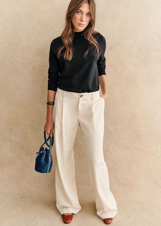 Long trousers;Slightly low-rise waist;Straight wide leg;Leg creases front and back;Slant pockets on side front and single welt pockets on back;Zip and button fastening;Inside leg length: 84 cm / 33.1 in (size EU36/UK8) Luxury Women's Chinos For Workwear, Sezane Lookbook, Tomboy Shirts, Play Clothes, Style Parisienne, Trousers White, Paris Mode, Transition Outfits, Long Trousers