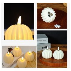 four different types of white candles on wooden trays and one has a candle in the shape of a pumpkin