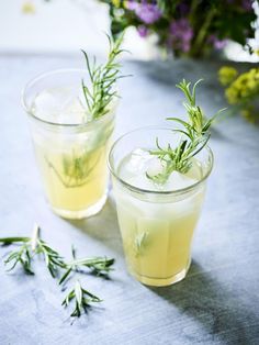 two glasses filled with lemonade and herbs