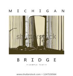 the logo for michigan bridge, which is located in an industrial area with tall buildings