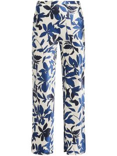 navy blue/off-white silk all-over floral print high waist elasticated waistband straight leg Magnolia Print, Shona Joy, Silk Trousers, Bell Bottom Pants, Silk Pants, Floral Pants, White Silk, Silk Printing, Bell Bottoms