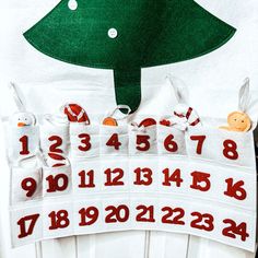 a white towel with red numbers and a green christmas tree on it