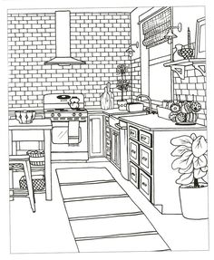 a black and white drawing of a kitchen with an oven, sink, stove top and table