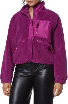 Stay cozily warm this season with this mixed media zip jacket with fleece contrasting. 22" length (size S) Stand collar 100% polyester Machine wash, line dry Imported Model stats: 5'10" height, 32" bust, 25" waist, 36" hip. Model is wearing size S. Winter Nylon Fleece Jacket With Long Sleeves, Winter Nylon Fleece Jacket With Pockets, Winter Fleece Jacket With Pockets, Fall Nylon Fleece Jacket With Fleece Lining, Sporty Nylon Fleece Jacket With Pockets, Fall Nylon Fleece Jacket, Long Sleeve Nylon Fleece Jacket With Pockets, Long Sleeve Sherpa Fleece Jacket With Zipper, Nylon Fleece Jacket With Pockets And Long Sleeves