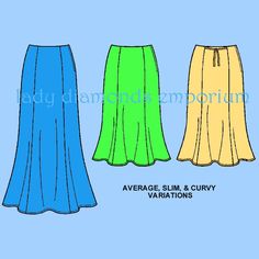 three different colored skirts with the words average, slim and curvy variations on them