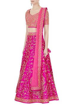 Hot pink lehenga with all-over floral motif zari work. Comes with embroidered blouse and dupatta. 
Components: 3
Neckline:  Leaf
Sleeve Length: Half 
Tassel tie-up back  
Closure: Blouse: Side zip   - Aza Fashions Pink Floral Embroidered Semi-stitched Lehenga, Pink Anarkali Set With Intricate Embroidery In Art Silk, Pink Dola Silk Choli With Zari Work, Pink Raw Silk Set With Zari Work, Pink Dola Silk Sets With Zari Work, Semi-stitched Pink Choli With Floral Embroidery, Bollywood Style Pink Floral Embroidered Sharara, Pink Semi-stitched Choli With Floral Embroidery, Pink Art Silk Dupatta With Intricate Embroidery