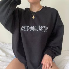 cotton/poly black crewneck. embroidered design. unisex adult sizing. these are made to order! please allow 2-4 weeks for shipment ᵕ̈ model is 5'5, usually a size small & wearing a size large. Black Fall Sweater For College, Black Cotton Halloween Sweater, Spooky Black T-shirt For Winter, Black College Sweatshirt With Embroidered Graphics, Black Embroidered Sweatshirt For College, Black Tops With Embroidered Graphics For Fall, Black Crew Neck Sweater For College, Black Long Sleeve Embroidered T-shirt, Black Embroidered Tops For Fall