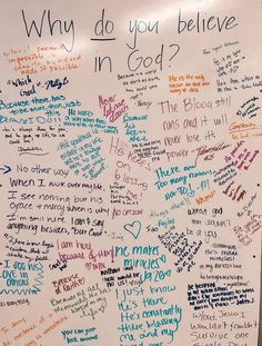 a white board with writing on it and words written in different languages that read, why do you believe in god?