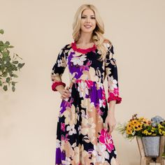 This Modest A-Line Floral Dress Is A Recent Addition To Our Collection, Featuring A Romantic Neckline With Fuchsia Ruffle Detail, A High Elastic Waistband For Comfort, Convenient Side Pockets, And A Double-Layered Ruffle Hemline. Crafted From The Softest Material, This Dress Offers A True-To-Size Fit That Is Both Comfortable And Stylish. Make A Statement At Your Special Occasions By Wearing This Versatile And Elegant Dress. Shipping 3-4 Days Features: Ruffled, Pocketed, Layered Sheer: Opaque Str Ruffled Midi Dress, Midi Ruffle Dress, Navy Midi Dress, Maxi Dress Formal, Curvy Dress, 70 Dress, Blue Midi Dress, Formal Evening Dresses, Winter Dresses