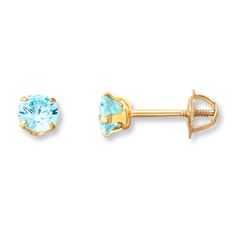 A round light blue cubic zirconia shines in each of these children's stud earrings, styled in 14K yellow gold. Perfect for a March birthday, the earrings secure with screw backs. March Birthday, Gold Stock, Jewelry Education, June Birthday, Jewelry Advice, Round Light, Blue Gems, Earrings Blue, Accessories Jewelry Earrings