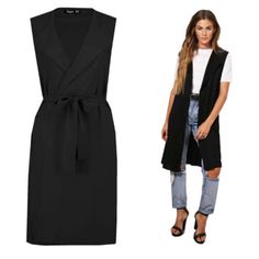 Top Seller for Black Ladies Sleeveless Tie Belted Midi Duster Jacket, Cape, Cardigan, Womens jacket Sleeveless Duster, Jacket Cape, Duster Jacket, Wardrobe Essentials, Duster Coat, Knee Length, Cape, Black Women, Dresses For Work