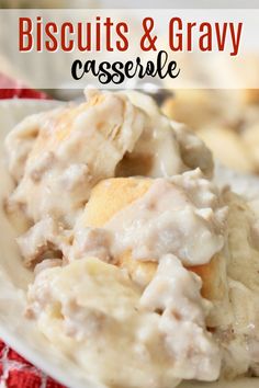 biscuits and gravy casserole on a white plate with red checkered table cloth