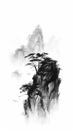 an ink painting of some trees on top of a mountain with fog in the air