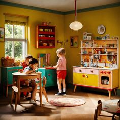 two children are playing in the playroom with their toy kitchen and dining room furniture