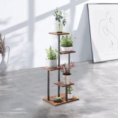 three tiered plant stand with potted plants