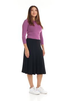 The Black Florence A-line skirt is a simple yet stylish, and flattering, below knee length panel skirt. It is made of a soft, stretchy fabric that is lightweight, comfortable and has fabulous flare. A nice fabric to dress up for the holidays, or dress down for work. Modest / Tznius A-line flary modest skirt Pull-on closure No pockets No slits Below knee-length Skirt length: Sizes XS-S: 24" M-L: 25" XL: 25.5" 1X-3X: 26" Machine wash cold inside out, hang/line to dry Slim models range from 5'5 - 5 Fitted A-line Maxi Skirt With Gathered Detail, Fitted A-line Elastane Skirt, Chic Stretch A-line Skirt, Stretch A-line Skirt For Fall, Stretch A-line Skirt For Work, Fitted A-line Maxi Skirt With Lining, Versatile Midi Length Relaxed Skirt, Flattering Black Skirt For Spring, Comfortable Versatile Midi Skirt