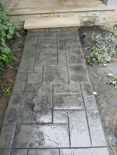 a walkway made out of concrete with plants growing on the side and steps leading up to it