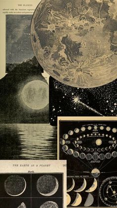 an old book with pictures of the moon and stars on it's cover, including two