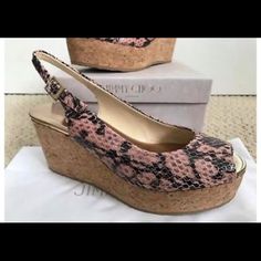 Brand New Jimmy Choo Shoes. 100% Authentic Guaranteed. Comes With A New Box, And Dust Bag. Made In Spain. Trend Of This Summer Jimmy Choo Gold, Cork Wedges, Comfortable Wedges, Jimmy Choo Heels, Jimmy Choo Bag, Cork Wedges Sandals, Ballet Pink, Leather Wedge Sandals, Jimmy Choo Shoes