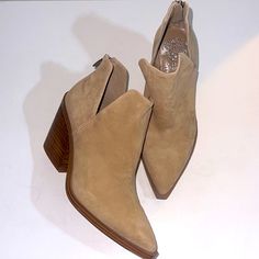 Brand New. Beige Suede Booties With Stacked Heel, Beige Suede Pointed Toe Booties, Suede Ankle Boot Heels With Stacked Heel, Suede Ankle Boots With Stacked Heel, Beige Pointed Toe Booties With Stacked Heel, Beige Ankle-high Stacked Heel Boots, Beige Ankle-high Boots With Stacked Heel, Beige Booties With Stacked Heel And Pointed Toe, Beige Ankle-high Heeled Boots With Stacked Heel