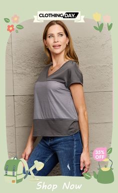 Striped V-neck Short Sleeve T-shirt Casual Striped V-neck Top, Striped Cotton V-neck T-shirt, Trendy Gray V-neck Tops, Gray V-neck T-shirt For Summer, Casual Gray V-neck Top, Gray V-neck T-shirt For Spring, Trendy Gray V-neck T-shirt, Color Pick, Basic Style