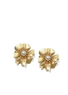 Add a touch of elegance and playfulness to any outfit with our Gold Floral Pearl Rhinestone Statement Earrings. The inlaid rhinestones and imitation pearls make these earrings a unique and beautiful addition to your jewelry collection. Perfect for a night out or to elevate your everyday look. 4 1/2" (4.4cm) drop 1 1/4" (3.7cm) width Post back Alloy, imitation pearl, rhinestone Women's earrings Item #460702 Elegant Clip-on Flower Earrings For Party, Elegant Flower Shaped Clip-on Earrings For Evening, Elegant Flower Clip-on Earrings For Evening, Gold Pearl Flower-shaped Earrings, Elegant Metal Flower Earrings For Formal Occasions, Gold Pearl Earrings With Flower Shape, Elegant Flower Shaped Metal Earrings, Elegant Flower-shaped Metal Earrings, Gold Flower Earrings With Pearl Drop For Party