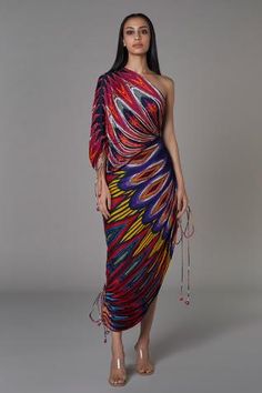 Shop for Saaksha and Kinni Multi Color Cotton Silk Pleated Abstract Print Dress for Women Online at Aza Fashions Luxury Multicolor Georgette Dress, Luxury Asymmetrical Cotton Dresses, Luxury Silk Asymmetrical Dress For Women, Luxury Multicolor Dress With Asymmetrical Neckline, Luxury Multicolor Pleated Dresses, Luxury Multicolor Silk Maxi Dress, Luxury Pleated Asymmetrical Dress For Party, Luxury Silk Maxi Dress With Multicolor Print, Luxury Multicolor Silk Dress For Summer