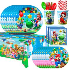 mario birthday party supplies including plates, cups and napkins