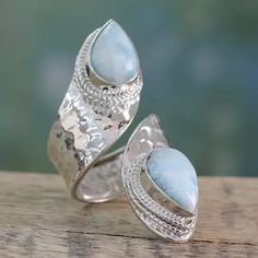 Wrap Style Ring in Sterling Silver with Larimar Gems - Dreamy Duo | NOVICA Moonstone Wedding Band, Luxury Green, Stone Fashion, Silver Engagement Ring, Silver Jewellery Indian, Silver Jewelry Earrings, Sterling Silver Engagement Rings, Wedding Band Ring, Silver Jewelry Handmade