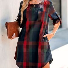 New With Tags Size Small Originally $21 Cupshe Dress, Plaid Shirt Dress, Plaid Dress Shirt, Rounded Neckline, Roll Up Sleeves, Cover Up Dress, Dress C, Plaid Dress, Large Size Dresses