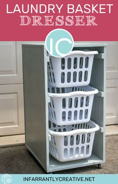 the laundry basket dresser has three baskets in it