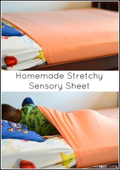 two pictures of a child sleeping on a bed with the words homemade stretchy sensory sheet