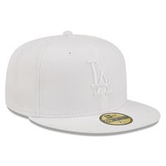 Officially Licensed MLB Men's New Era White on White 59FIFTY Fitted Hat - Los Angeles Dodgers  This authentic Fanatics baseball hat is perfect for showcasing team spirit.  Flat bill design with ability to curve for a super trendy look and great addition to your sports apparel collection.         Embroidered graphics with raised details, High Crown          Material: 100% Polyester      Six-panel construction with eyelets, Structured fit-fitted      Brand: New Era      Care: Wipe clean with a dam Flat Brim Fitted Hat For Baseball Season, Classic Flat Brim Fitted Hat For Baseball Season, Classic Fitted Baseball Cap For Baseball Season, Classic Fitted Baseball Cap, Classic Snapback Hat For Baseball Season, Classic Snapback For Baseball Season, Classic Flat Bill Hat For Baseball Season, Flat Bill Fitted Hat For Baseball Season, Casual Sports Hat With Flat Brim