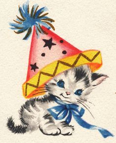 a drawing of a kitten wearing a party hat