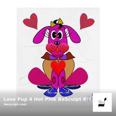 a pink dog with hearts on it's chest sitting in front of a white background