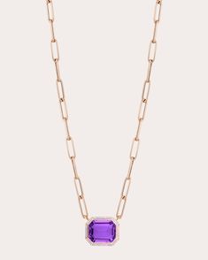 Formed from paper clip links, this 18-karat rose gold necklace displays an emerald-cut amethyst pendant. The bezel-style frame features pink opal inlay for an iridescent effect. From Goshwara's Mélange Collection.Lobster claw clasp18k rose gold, amethyst and pink opalCarat: 0.51 ctw opal, 2.53 ctw amethystPolish with soft clothMade in Thailand Measurements Pendant width: 0.32in Pendant length: 0.35in Necklace Displays, Opal Pendant Necklace, Amethyst Pendant, Opal Pendants, Pink Opal, Rose Gold Necklace, Paper Clip, 18k Rose Gold, Emerald Cut