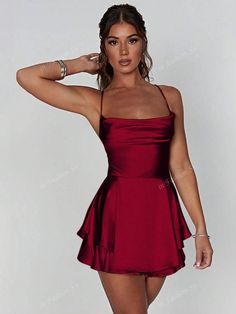 1pc Stylish Backless Drawstring Design Pleated Dress, Sexy Satin Mini Dress For Party, Bar, Home | SHEIN USA Wine Red Short Dress, Dark Red Dress Short, Wine Red Dress Short, Short Party Dress Night, Party Dress Night, Dark Red Dresses, Dress For, Snow Ball, Dress For Party