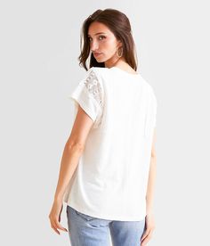 Women's Pieced Crochet Top In White By Daytrip., Women's White Raw edge ribbed knit lace-up top Bust measures 40 on size small Body length 24 on size small. Self: 57% Cotton 40% Polyester 3% Spandex. Contrast: 100% Cotton. Machine wash cold with like colors. Do not bleach. Lay flat to dry. Low iron if needed. Apparel & Accessories > Clothing > Shirts & Tops Knit Lace, Top For Women, Accessories Clothing, Women Shirts Blouse, Low Iron, Shirts Blouses, Women's Shirts, Lace Knitting, Raw Edge