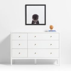 a white dresser with a black teddy bear on it's top and a framed photograph above it