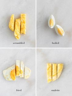 four pictures showing how to cut an egg in half and then place it in the shell