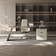 an office with a desk, chair and bookcase on the wall next to it