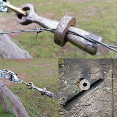 two pictures of the same metal object on top of a wooden fence and bottom one with wires attached to it