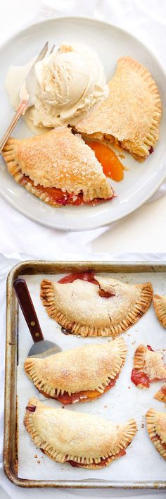 two plates with pastries on them, one has ice cream and the other has fruit