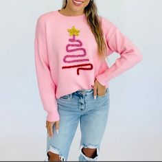 Brand New Seasonal Sensation Pink Crew-Neck Pullover Sweater Has Long Sleeves, Drop Shoulders Ribbed Edges And A Large Fuzzy Metallic Sparkling Abstract Christmas Tree On The Front. True To Size Silhouette. Material: 100% Acrylic Small Sold Out Pink Festive Winter Top, Sparkle Christmas Tree, Abstract Christmas Tree, Sparkle Christmas, Bright Sweater, Christmas Tree Sweater, Abstract Christmas, Tree Sweater, Pink Crewneck