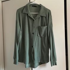 Shein, Size S, Mint Green Button Up Blouse, Oversized, 1 Pocket, Never Worn Oversized Button Closure Top For Loungewear, Oversized Loungewear Tops With Button Closure, Green Buttoned Tops For Loungewear, Oversized Buttoned Tops For Loungewear, Collared Shirt With Buttons For Loungewear, Oversized Loungewear Blouse With Button Closure, Oversized Blouse For Loungewear With Button Closure, Collared Blouse With Button Closure For Loungewear, Casual Blouse With Button Closure For Loungewear