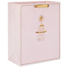 a pink gift bag with a cake on top and the words wish big printed on it